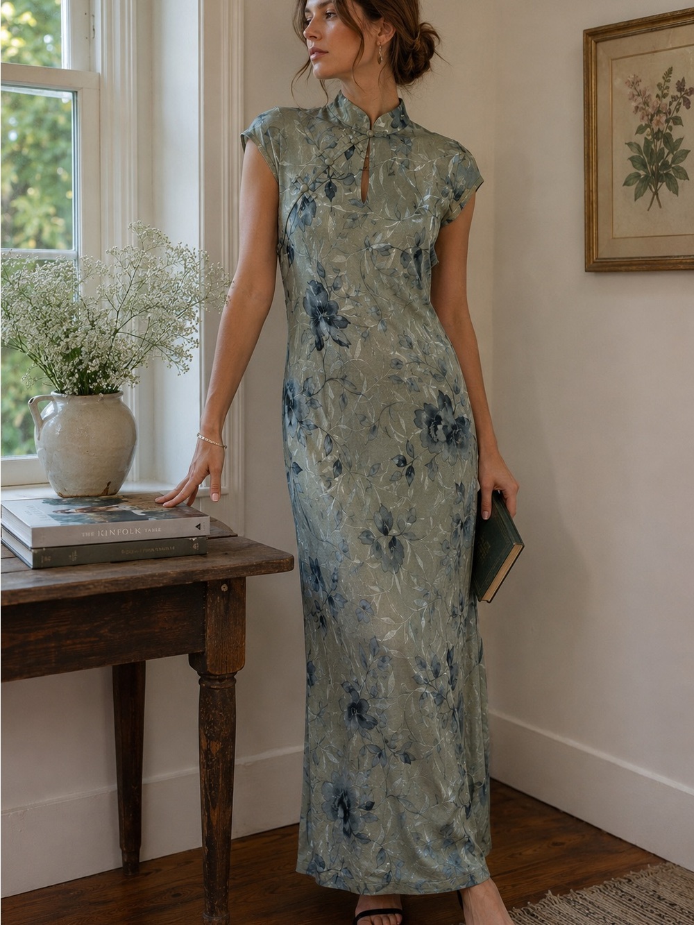 Vintage Michael Blair New York Floral Mandarin Collar Maxi Dress Sz 6 Blue Sage